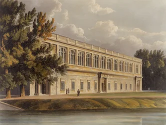 ジョセフコンスタンティンスタッドラー（fl.1780-1812）によって彫刻された、ケンブリッジの歴史からのケンブリッジのセントジョンガーデンズのトリニティライブラリーの外観。 R.アッカーマン作、1815年（カラーアクアティント）